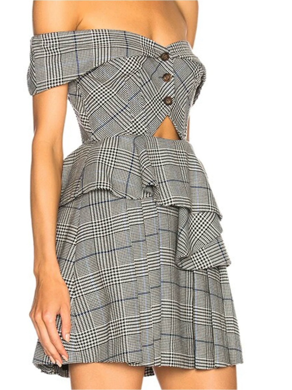 NWT Self-Portrait Gray Plaid One-Shoulder Peplum Mini Dress